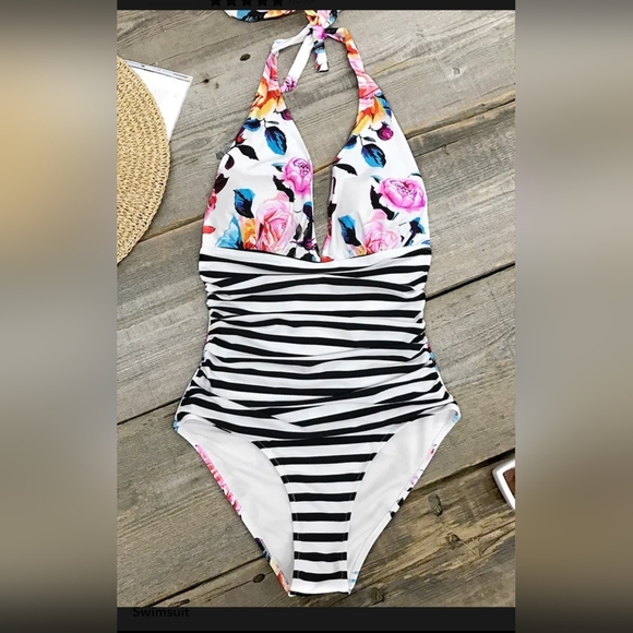 New Cupshe Bold Floral and Stripe Halter Tummy Control One Piece Swimsuit - Picture 3 of 8